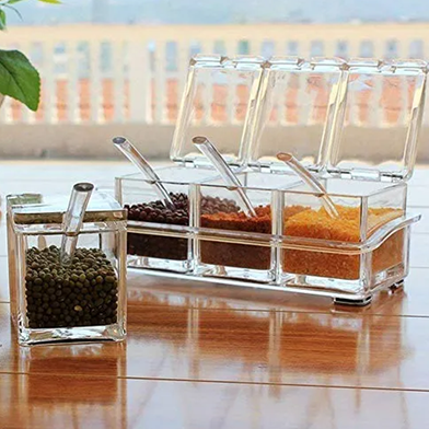 4-Grid Acrylic Seasoning Spice Box with Spoons – Crystal Clear Kitchen Masala Organizer