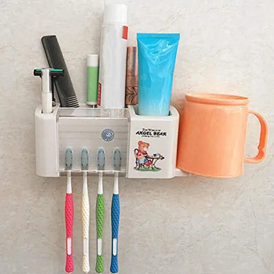 Punch-Free Wall Mounted Toothbrush Holder | Modern Minimalist Bathroom Rack with Corner Shelf