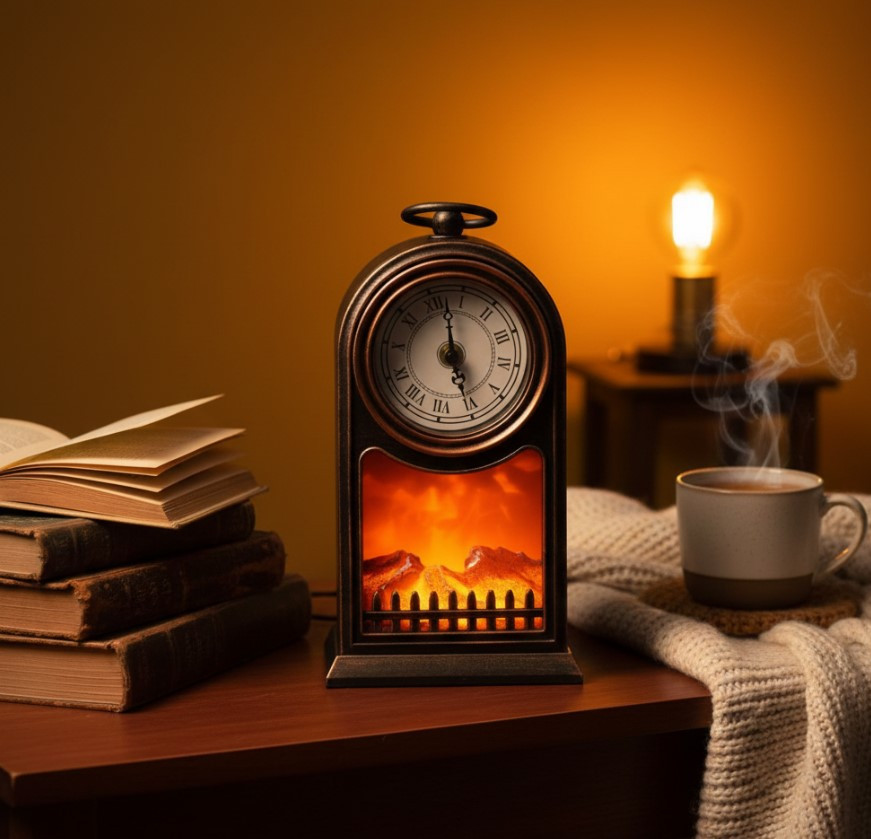 LED Fire Flames Rustic Clock