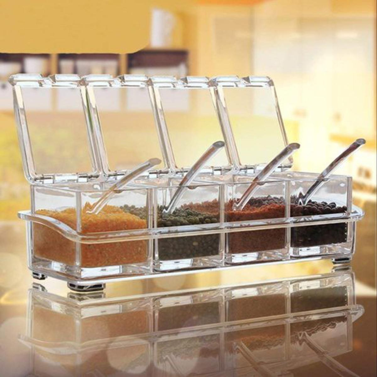4-Grid Acrylic Seasoning Spice Box with Spoons – Crystal Clear Kitchen Masala Organizer